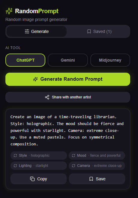Free AI random prompt generator that helps artists, writers and creators generate unique ideas for images, stories and creative projects using Gemini, ChatGPT and Midjourney.